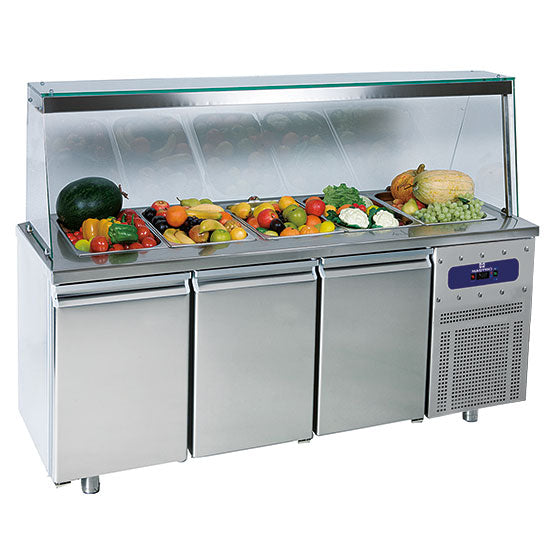 Virtus & Mastro Saladette mit 3 Türen GN 1/1 und Glasstruktur, 5x GN 1/1 H=150 mm, -2°/+8°C