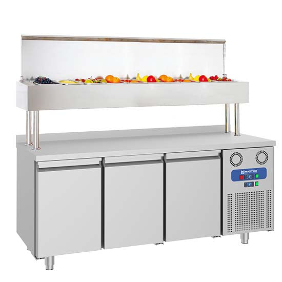 Virtus & Mastro 3-door refrigerated preparation table GN with refrigerated display case 10x GN 1/3
