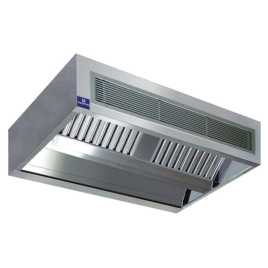 Virtus & Mastro induction central cooker hood in box design with integrated lighting, 3200x2200 mm