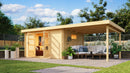 Karibu Gartenhaus “Trittau 5” Pultdach zum Wohnen mit Anbau/Terrasse aus Holz in Natur