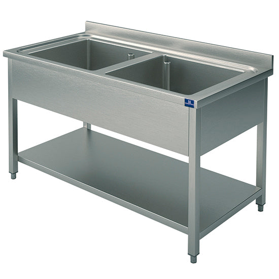Lavello Virtus & Mastro, 2 vasche, su gambe, con ripiano inferiore, 1200x700 mm