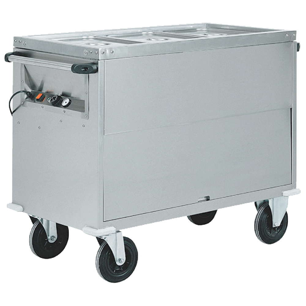 Virtus & Mastro bain-marie trolley on heated cabinet, 3x GN 1/1 H=200 mm, 3 temperature zones