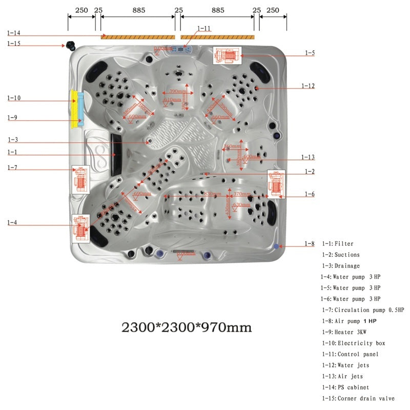 Hydrosan Garten-Whirlpool-Badewanne Spa703A Weißperle Kaffeegehäuse 230x230 cm
