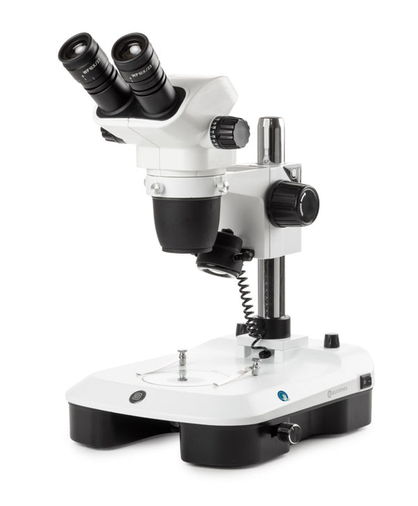 Euromex Stereo-Zoom-Mikroskop NZ.1702-M, 6,5-55x, Säule, Durchlicht, Binokular, Spiegel für Dunkelfeld, Embryologie