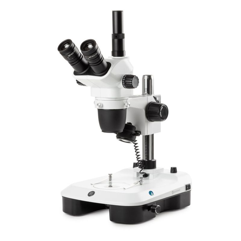 Euromex Stereo-Zoom-Mikroskop NZ.1703-M, 6,5-55x, Säule, Auf- und Durchlicht, Trino, Spiegel für Dunkelfeld, Embryologie