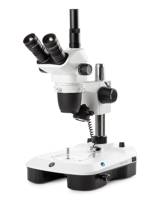 Euromex Stereo-Zoom-Mikroskop NZ.1703-M, 6,5-55x, Säule, Auf- und Durchlicht, Trino, Spiegel für Dunkelfeld, Embryologie