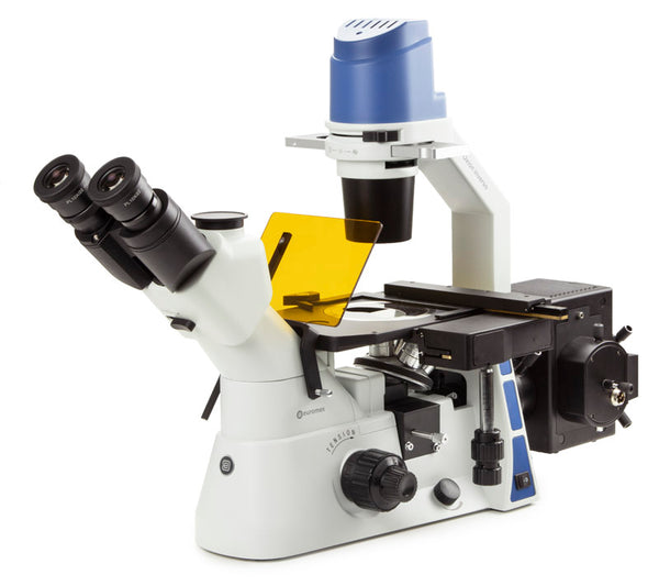 Euromex Umgekehrtes trinokulares Mikroskop für Fluoreszenz mit mechanischem Tisch PL Fluarex 10/20/40x - Schiene für 2 Filterblöcke und mit Transportbox