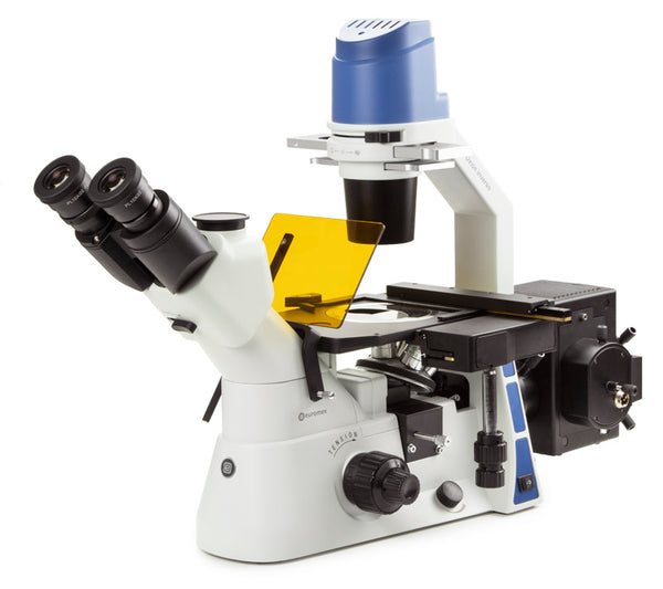 Euromex Umkehrmikroskop für Fluoreszenz mit mechanischem Tisch PL Fluarex 10x und PLPH Fluarex 20/40x - Schiene für 2 Filterblöcke und mit Transportbox