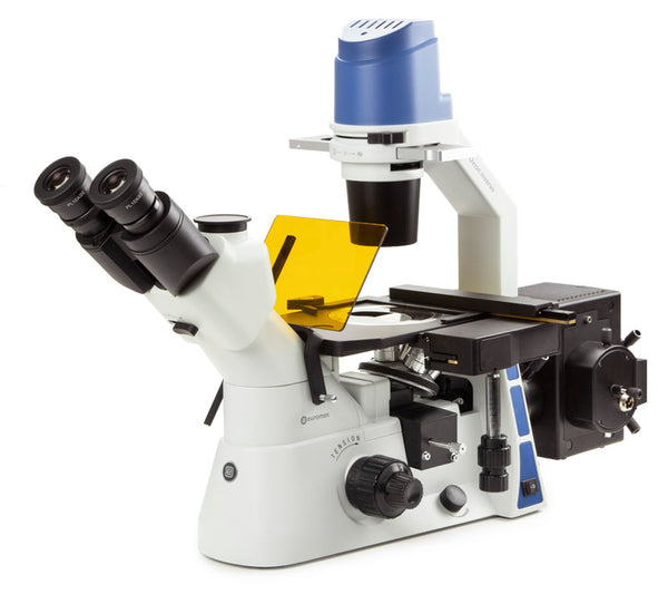 Euromex Umkehrmikroskop für Fluoreszenz mit mechanischem Tisch PL Fluarex 10/20/40x - Schiene für 4 Filterblöcke und mit Transportbox