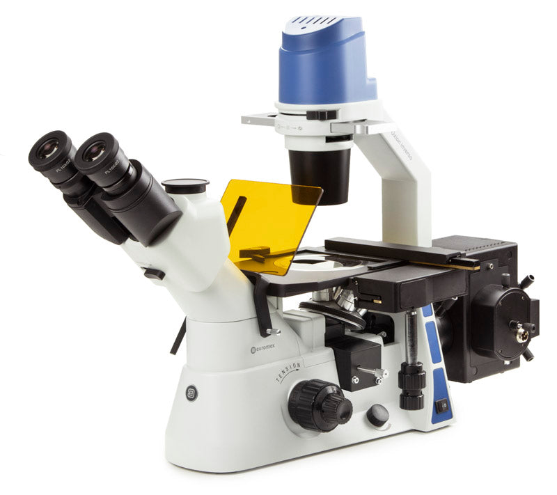 Euromex Umkehrmikroskop für Fluoreszenz mit mechanischem Tisch PL Fluarex 10/20/40x - Schiene für 4 Filterblöcke und mit Transportbox
