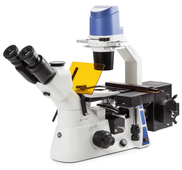 Euromex Umgekehrtes Fluoreszenzmikroskop mit mechanischem Tisch PL Fluarex 10x und PLPH Fluarex 20/40x - Schiene für 4 Filterblöcke und mit Transportbox