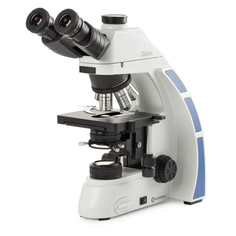 Microscopio binoculare Euromex Oxion per fluorescenza con obiettivi Plan PL 4/10/S40/S100x a immersione in olio e accessorio FluoLED 455 nm