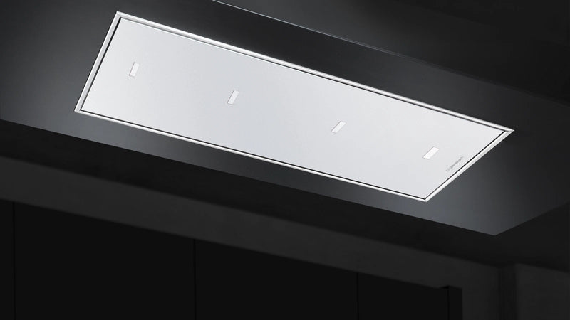Kueppersbusch Deckenlüfter, 90cm, Weißes Glasspaneel, Fernbedienung, EEK A++, 808m3/h, Randabsaugung, LED dimmbar