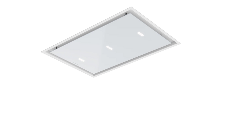 Kueppersbusch Deckenlüfter, 90cm, Weißes Glasspaneel, Fernbedienung, EEK A++, 808m3/h, Randabsaugung, LED dimmbar