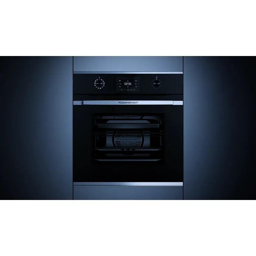 Kueppersbusch steam oven, black, glass front, without design kit, rotary knob, 8+4 functions, 1 TAZ, external steam generator