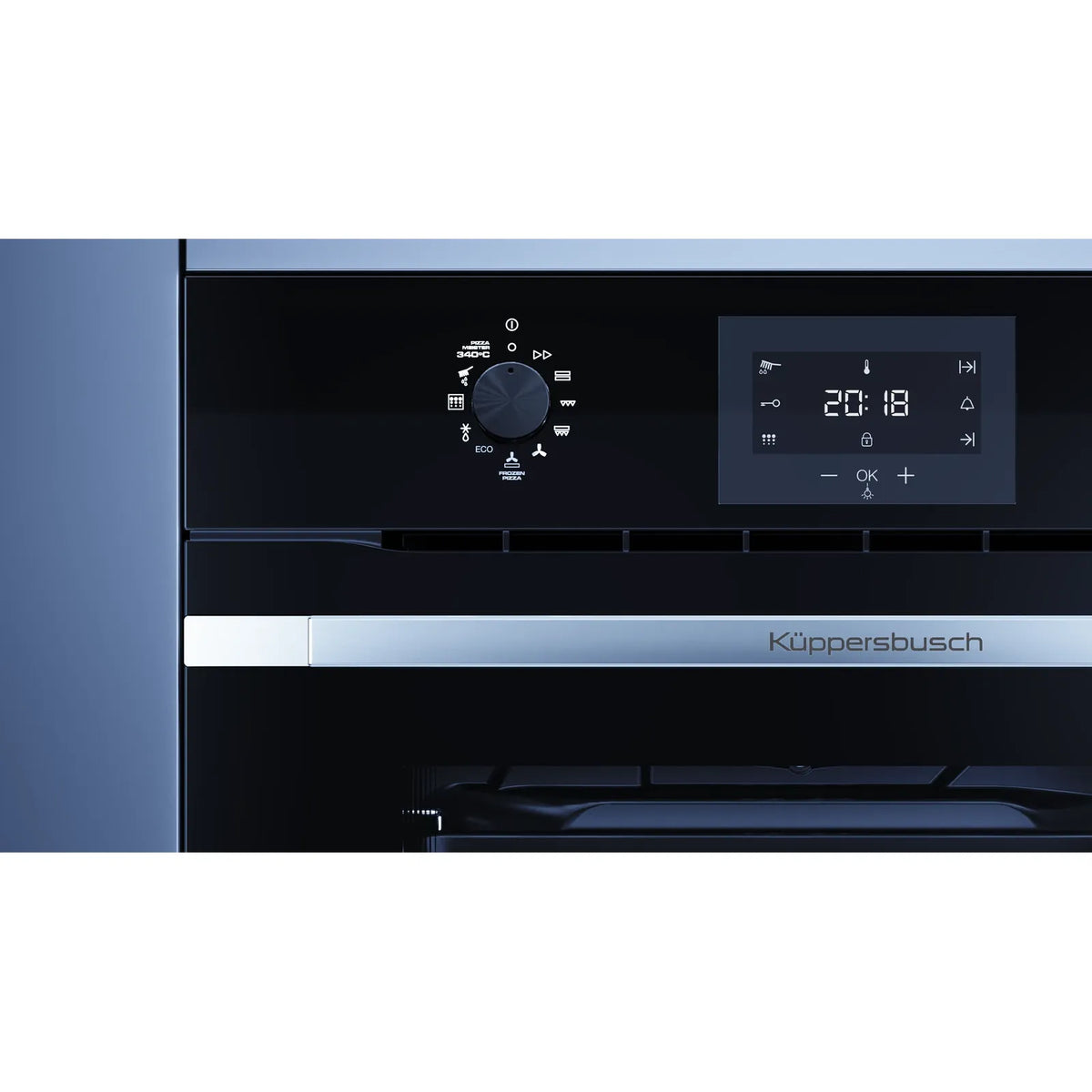 Kueppersbusch Pyrolyse-BO, Schwarz, Glasblende, ohne Designkit, Drehknebel, 6+1 Fkt., 1 TAZ, 340°C Pizzafunktion