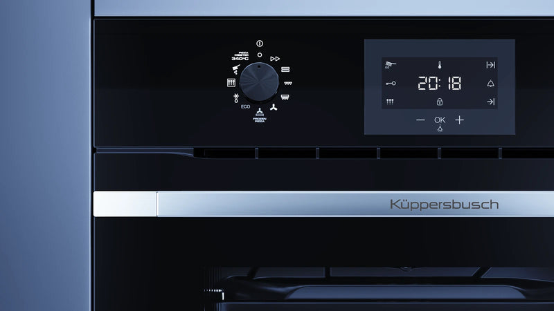 Kueppersbusch Pyrolyse-BO, Schwarz, Glasblende, ohne Designkit, Drehknebel, 6+1 Fkt., 1 TAZ, 340°C Pizzafunktion