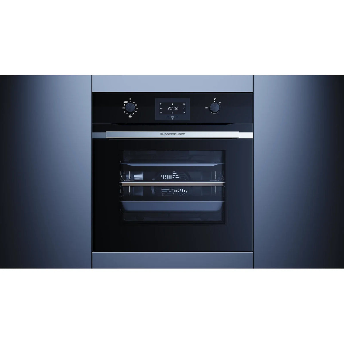 Kueppersbusch Pyrolyse-BO, Schwarz, Glasblende, ohne Designkit, Drehknebel, 6+1 Fkt., 1 TAZ, 340°C Pizzafunktion