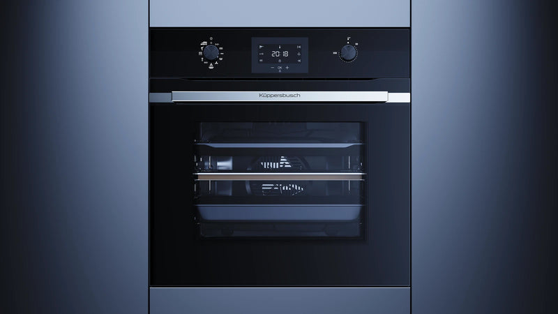 Kueppersbusch Pyrolyse-BO, Schwarz, Glasblende, ohne Designkit, Drehknebel, 6+1 Fkt., 1 TAZ, 340°C Pizzafunktion