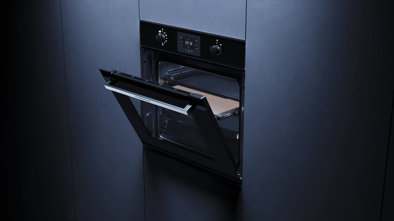 Kueppersbusch Pyrolyse-BO, Schwarz, Glasblende, ohne Designkit, Drehknebel, 6+1 Fkt., 1 TAZ, 340°C Pizzafunktion