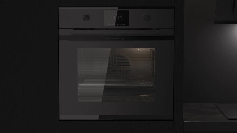 Kueppersbusch Pyrolyse-BO, MattBlack, Glasblende, Griff Schwarz, Drehknebel, 6+1 Fkt., 1 TAZ, 340°C Pizzafunktion
