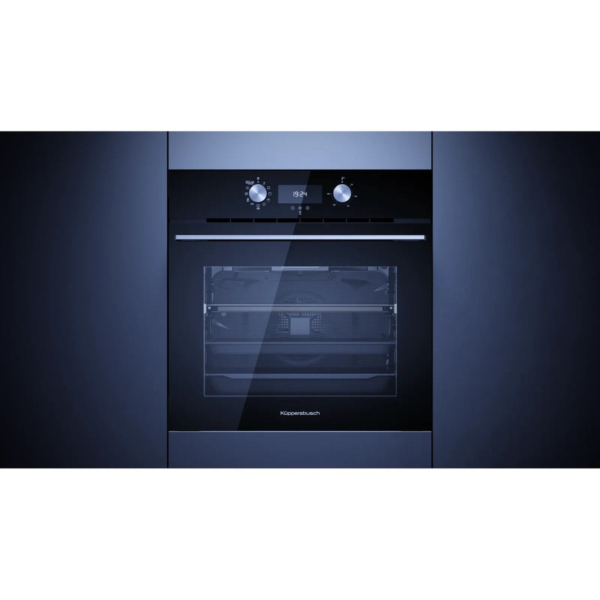 Kueppersbusch Pyrolyse-BO, Schwarz, Glasblende, Designkit Edelstahl, Drehknebel, 8 Fkt., 1 TAZ, 340°C Pizzafunktion