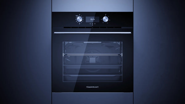 Kueppersbusch Pyrolyse-BO, Schwarz, Glasblende, Designkit Edelstahl, Drehknebel, 8 Fkt., 1 TAZ, 340°C Pizzafunktion