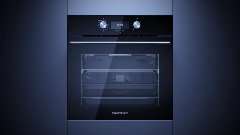 Kueppersbusch Pyrolyse-BO, Schwarz, Glasblende, Designkit Edelstahl, Drehknebel, 8 Fkt., 1 TAZ, 340°C Pizzafunktion