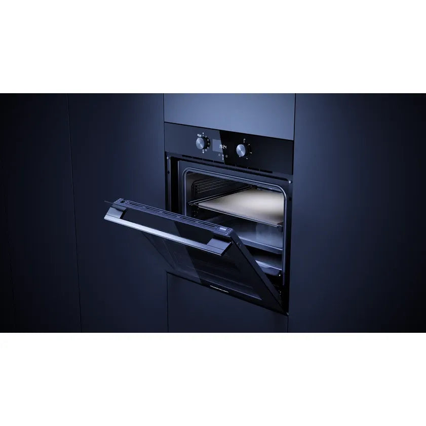 Kueppersbusch Pyrolyse-BO, Schwarz, Glasblende, Designkit Edelstahl, Drehknebel, 8 Fkt., 1 TAZ, 340°C Pizzafunktion
