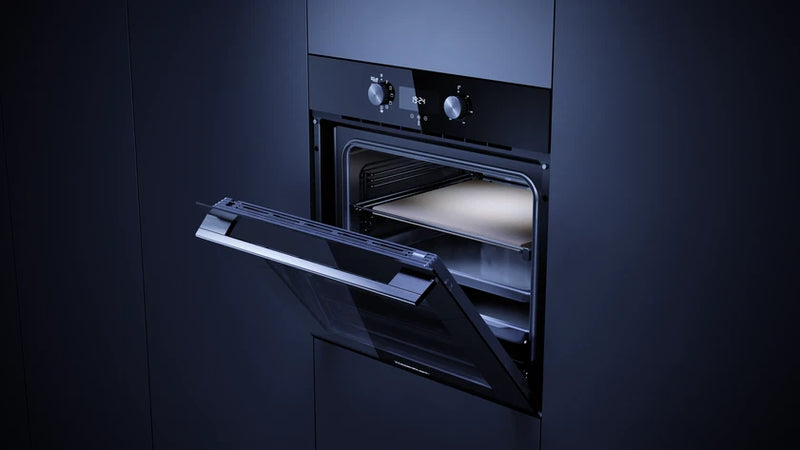 Kueppersbusch Pyrolyse-BO, Schwarz, Glasblende, Designkit Edelstahl, Drehknebel, 8 Fkt., 1 TAZ, 340°C Pizzafunktion