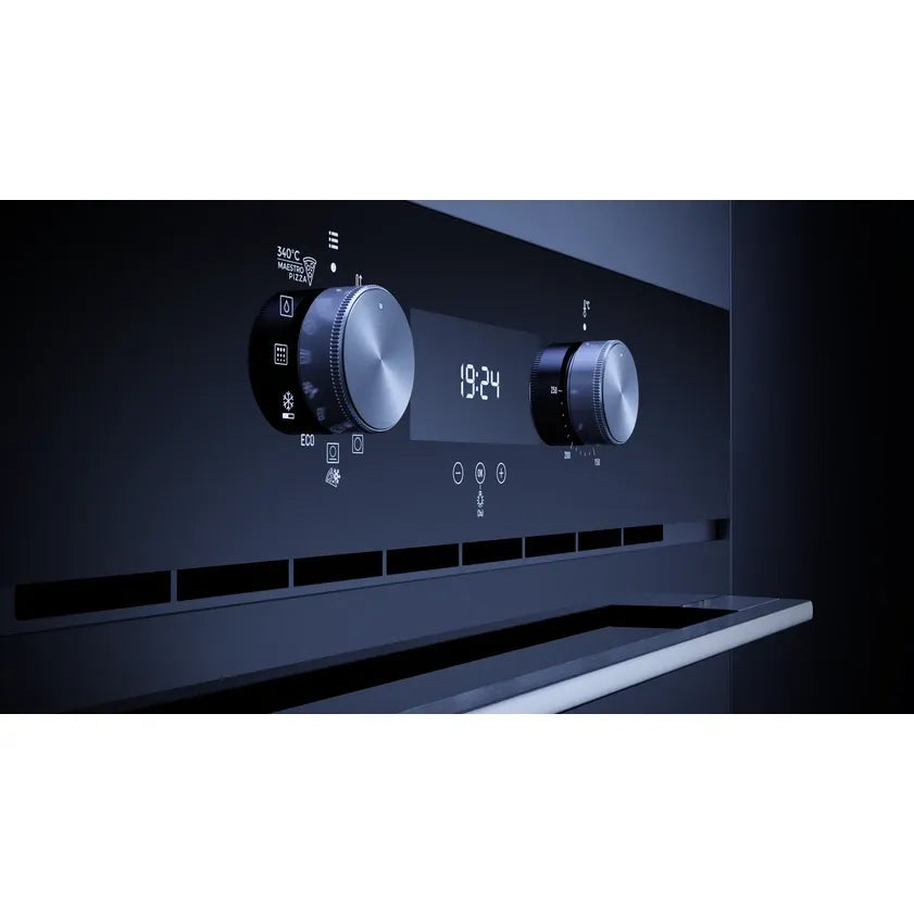 Kueppersbusch Pyrolyse-BO, Schwarz, Glasblende, Designkit Edelstahl, Drehknebel, 8 Fkt., 1 TAZ, 340°C Pizzafunktion