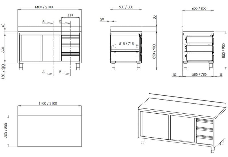 Bergman Profiline work cabinet 600 with hinged doors, drawers &amp; upstand B1200