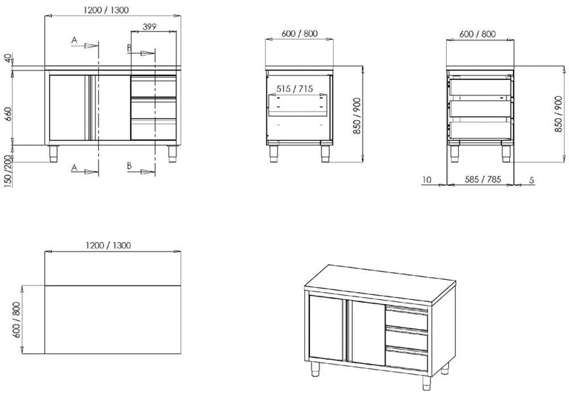Bergman Profiline work cabinet 600 with hinged doors and drawers, W1400