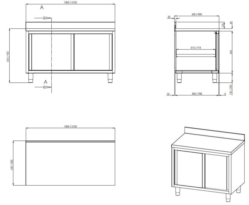 Bergman Profiline work cabinet 600 with sliding doors &amp; upstand B1600