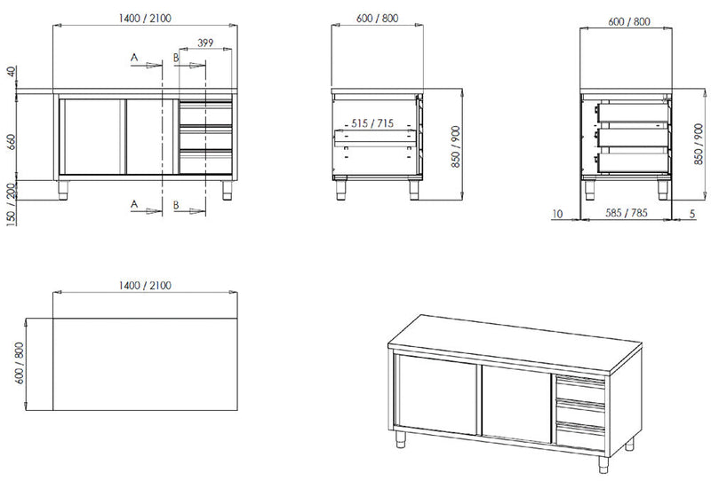 Bergman Profiline work cabinet 600 with sliding doors and drawers W1500