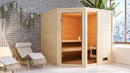 Karibu Massivholzsauna "Sauna Mila 7" 4 Personen 9 kW Bio-Kombi Ofen + Steuergerät HUUM WIFI
