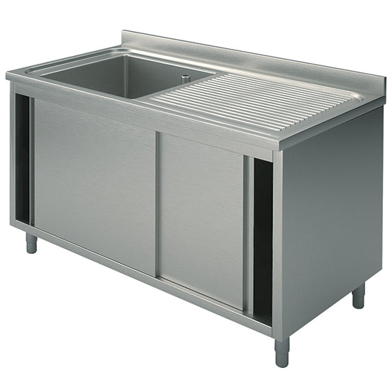 Lavello Virtus & Mastro, 1 vasca, gocciolatoio a destra, con ante scorrevoli, 1500x600 mm