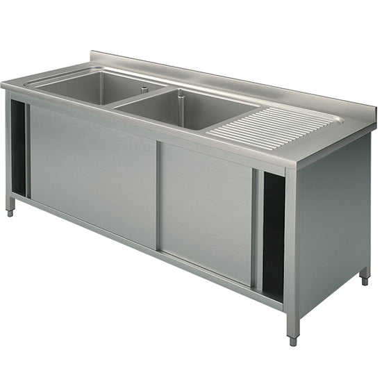 Virtus & Mastro Spülschrank, 2 Becken, Tropftasse rechts, mit Schiebetüren, 2000x700 mm