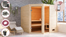 Karibu Massivholzsauna "Sauna Mila 7" 4 Personen 9 kW Bio-Kombi Ofen + Steuergerät HUUM WIFI