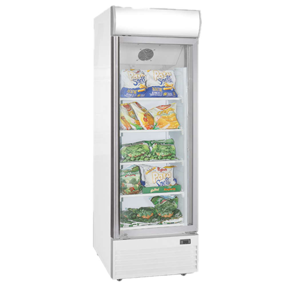 Vetrina congelatore Virtus & Mastro 400 litri con porta a vetro e display pubblicitario, -18°/-22°C