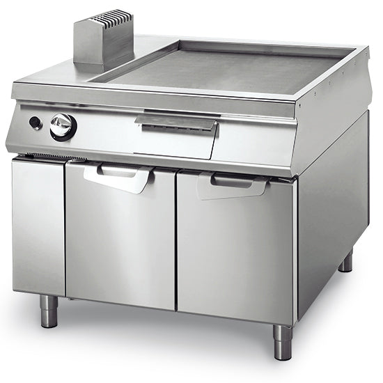 Virtus & Mastro gas grill plate, smooth chrome-plated, on a base with doors, controls on both sides