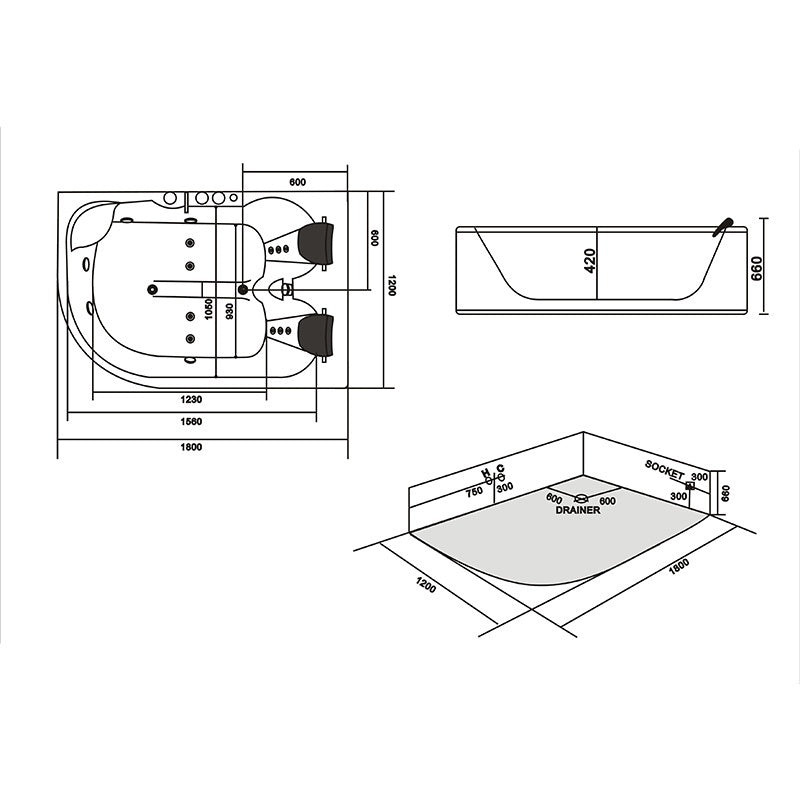 Hydrosan Hydromassage-Badewanne mit Heizung Carmen 631LH Links Weiß 180x120 cm