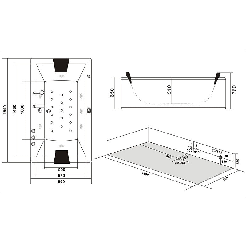 Hydrosan Hydromassage-Badewanne mit Heizung Ramona 640H Weiß 180x90 cm