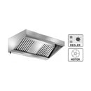 Wandhaube Edelstahl inklusive eingebautem Ventilator (230 V) mit externem Regler, umlaufende Fettauffangrinne,  herausnehmbare Flammschutzfilter Typ-B, Beleuchtung mit Leuchtstoffröhre, Fettablassventil