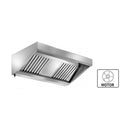 Wandhaube Edelstahl inklusive eingebautem Ventilator (230 V), umlaufende Fettauffangrinne,  herausnehmbare Flammschutzfilter Typ-B, Beleuchtung mit Leuchtstoffröhre, Fettablassventil