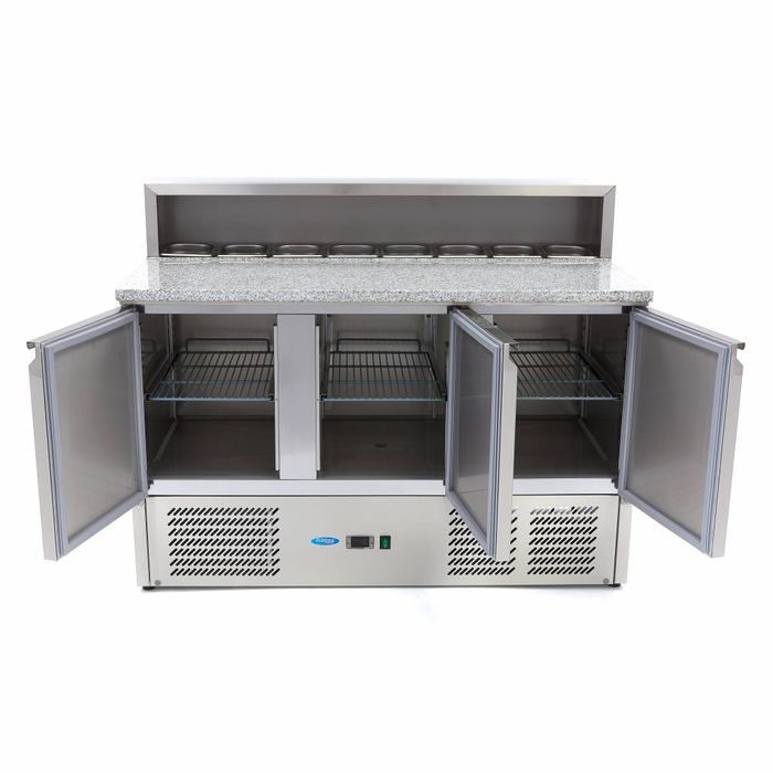 Table réfrigérée pour pizzas MAXIMA Gastro - 137 cm - 3 portes - Pour 8 x 1/6 GN - avec couvercle en acier inoxydable