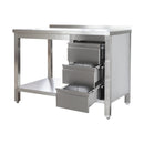 Edelstahl Arbeitstisch mit Aufkantung und Schubladenblock rechts verschweißt | Bautiefe 800mm | mit Grundboden | AISI 304