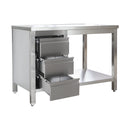 Edelstahl Arbeitstisch mit Schubladenblock links verschweißt | Bautiefe 600mm | mit Grundboden | AISI 304