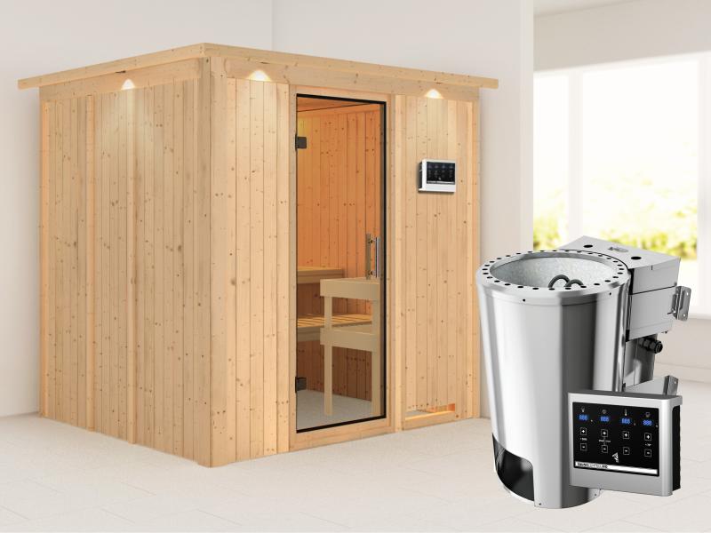 Karibu Sauna Daria Plug & Play 3,6 kW Bio Ofen, ext. Steuerung - ohne Dachkranz - Klarglas Ganzgla