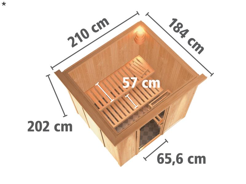 Karibu Sauna Daria Plug & Play 3,6 kW Bio Ofen, ext. Steuerung - ohne Dachkranz - Klarglas Ganzgla